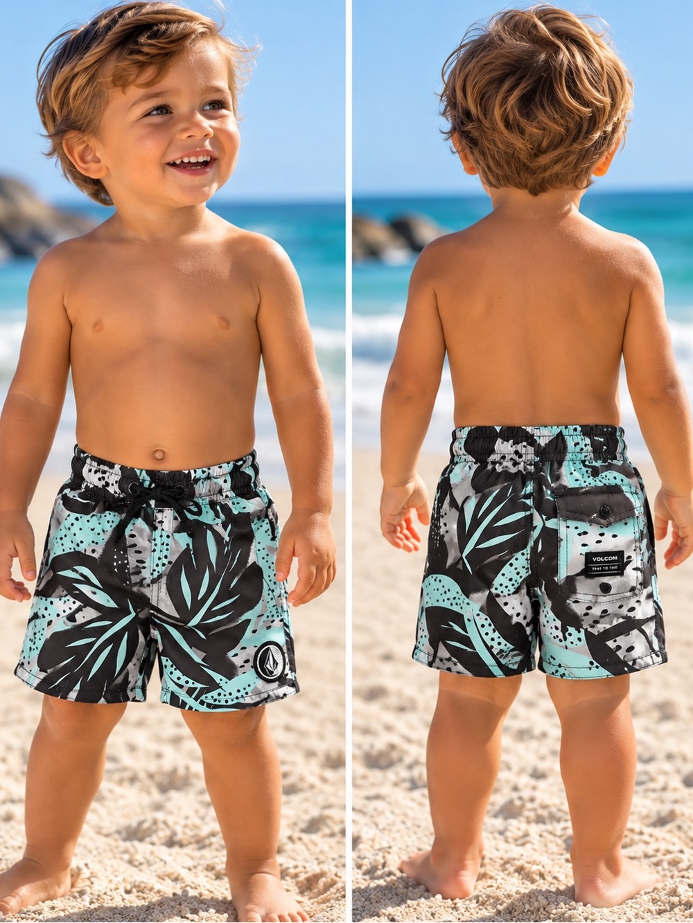 Volcom Boys 2T Swim Trunks Black Gray Aqua Geometric Print